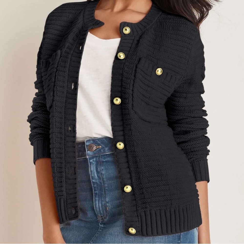 VENUS L Textured Black Cardigan with Gold Accents